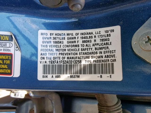 19XFA1F52AE013258 - 2010 HONDA CIVIC LX BLUE photo 10