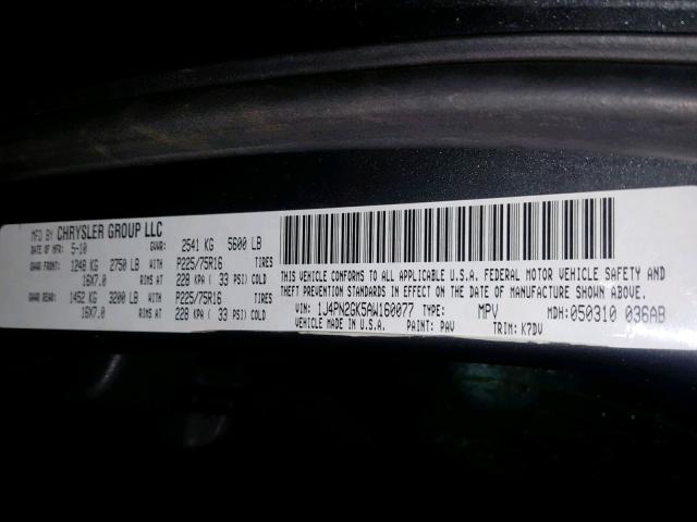 1J4PN2GK5AW160077 - 2010 JEEP LIBERTY SP CHARCOAL photo 10