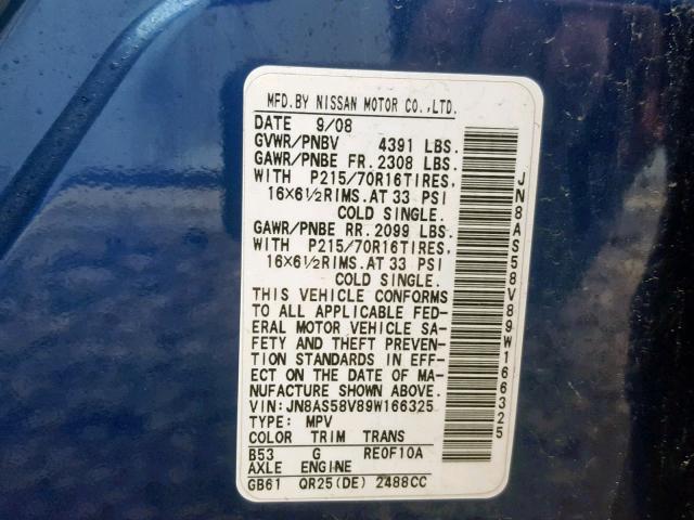 JN8AS58V89W166325 - 2009 NISSAN ROGUE S BLUE photo 10