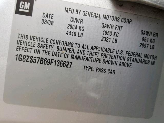 1G8ZS57B69F136627 - 2009 SATURN AURA SILVER photo 10