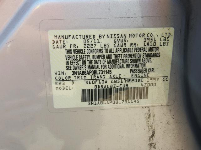 3N1AB6AP0BL731145 - 2011 NISSAN SENTRA 2.0 SILVER photo 10