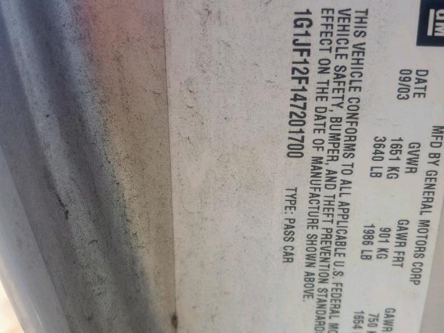 1G1JF12F147201700 - 2004 CHEVROLET CAVALIER L SILVER photo 10