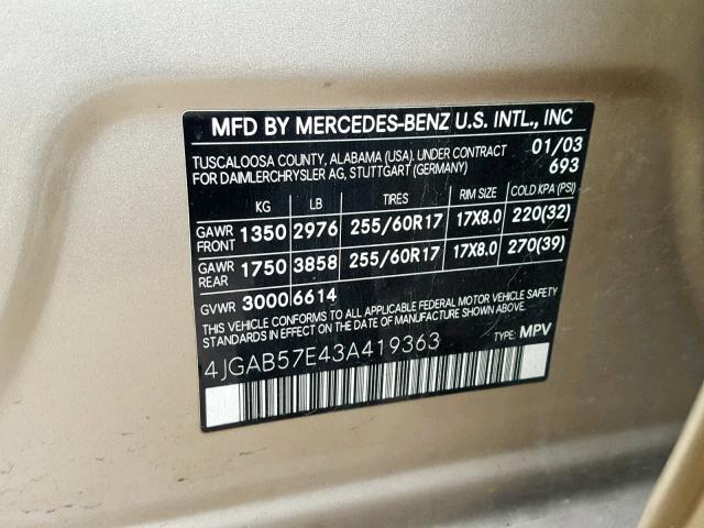 4JGAB57E43A419363 - 2003 MERCEDES-BENZ ML 350 GOLD photo 10