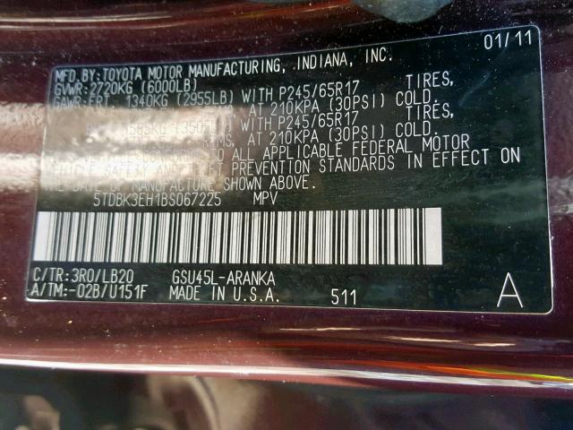 5TDBK3EH1BS067225 - 2011 TOYOTA HIGHLANDER BURGUNDY photo 10