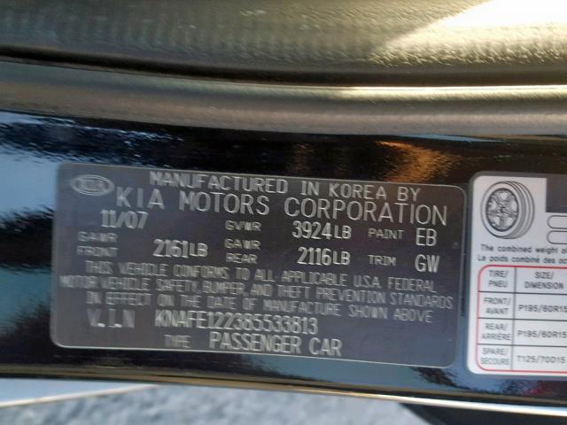 KNAFE122385533813 - 2008 KIA SPECTRA EX BLACK photo 10