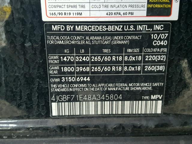 4JGBF71E48A345804 - 2008 MERCEDES-BENZ GL 450 4MA BLACK photo 10