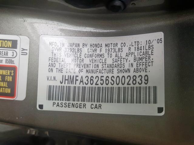 JHMFA36256S002839 - 2006 HONDA CIVIC HYBRID  photo 10