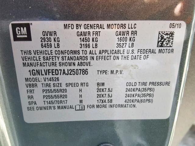 1GNLVFED7AJ250786 - 2010 CHEVROLET TRAVERSE L GREEN photo 10