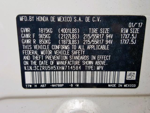 3CZRU5H5XHM714584 - 2017 HONDA HR-V EX WHITE photo 10