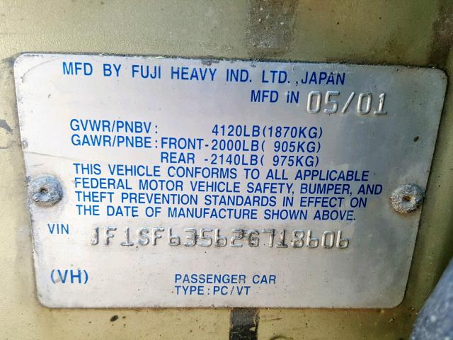 JF1SF63562G718606 - 2002 SUBARU FORESTER L GOLD photo 10
