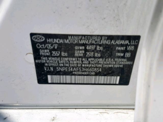 5NPE34AF5JH660854 - 2018 HYUNDAI SONATA SPO WHITE photo 10