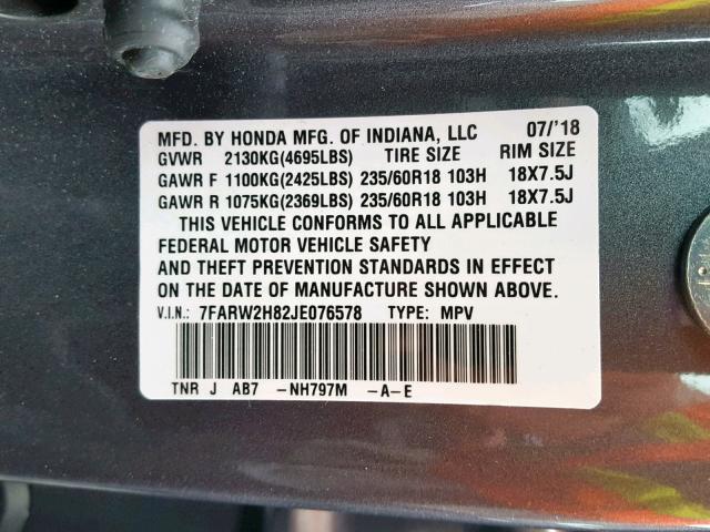 7FARW2H82JE076578 - 2018 HONDA CR-V EXL GRAY photo 10