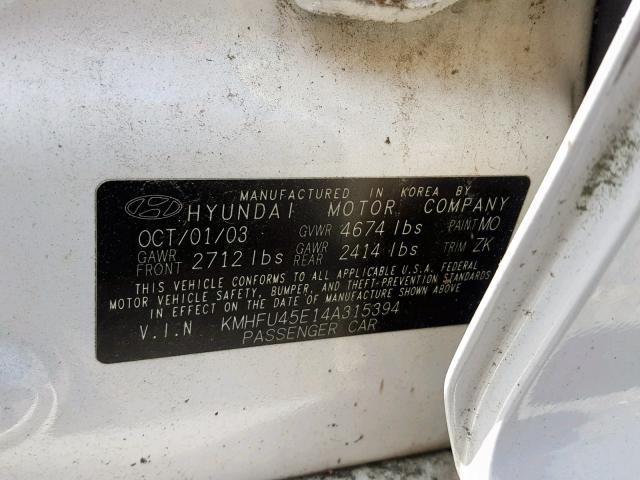 KMHFU45E14A315394 - 2004 HYUNDAI XG 350 WHITE photo 10