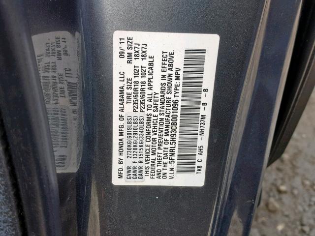 5FNRL5H93CB001096 - 2012 HONDA ODYSSEY TO GRAY photo 10