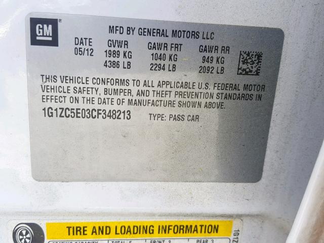 1G1ZC5E03CF348213 - 2012 CHEVROLET MALIBU 1LT WHITE photo 10