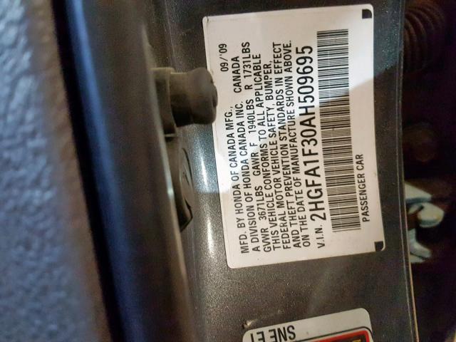 2HGFA1F30AH509695 - 2010 HONDA CIVIC VP SILVER photo 10