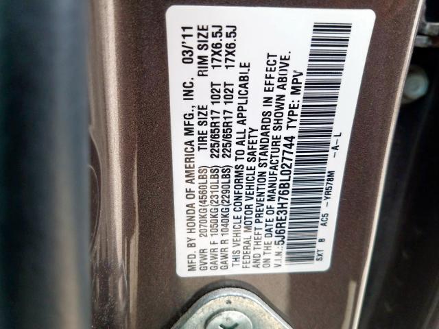 5J6RE3H76BL027744 - 2011 HONDA CR-V EXL  photo 10