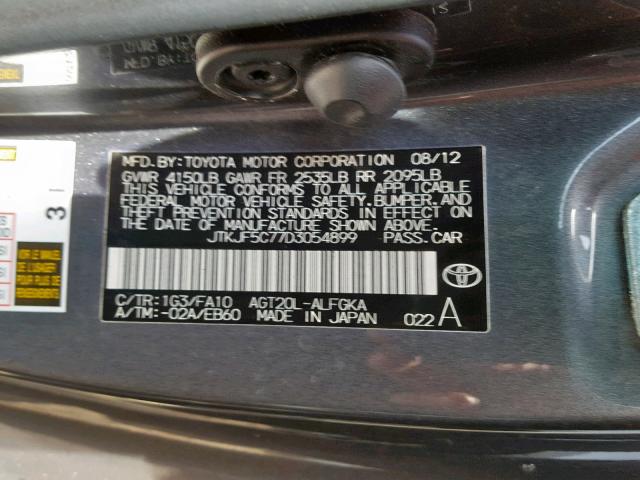 JTKJF5C77D3054899 - 2013 TOYOTA SCION TC ნაცრისფერი ფოტო 10