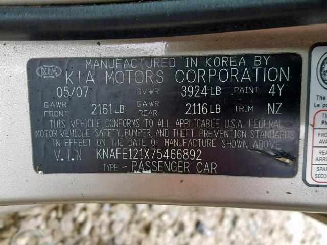 KNAFE121X75466892 - 2007 KIA SPECTRA EX TAN photo 10