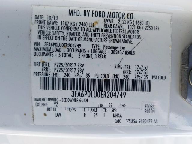 3FA6P0LU0ER204749 - 2014 FORD FUSION SE HYBRID  photo 10