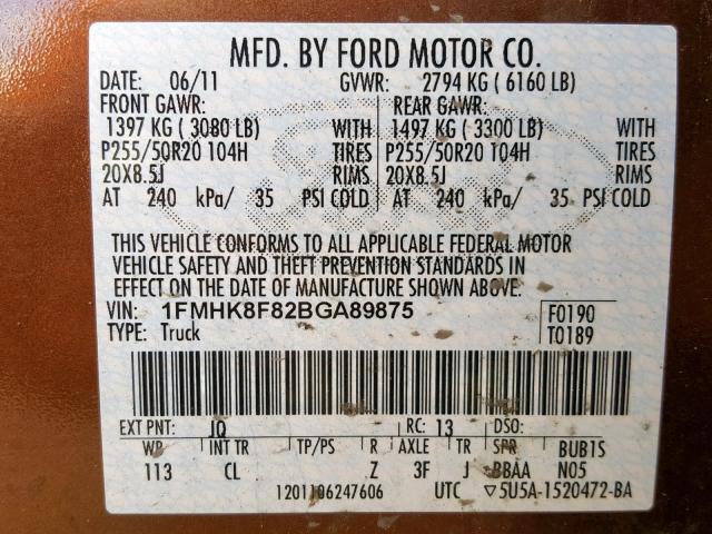 1FMHK8F82BGA89875 - 2011 FORD EXPLORER L BROWN photo 10