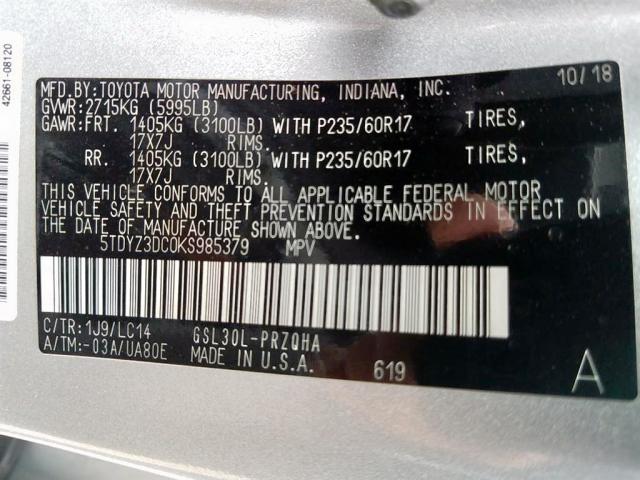 5TDYZ3DC0KS985379 - 2019 TOYOTA SIENNA LIM SILVER photo 8