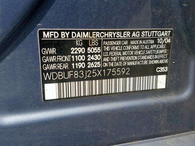 WDBUF83J25X175592 - 2005 MERCEDES-BENZ E 500 4MAT BLUE photo 10