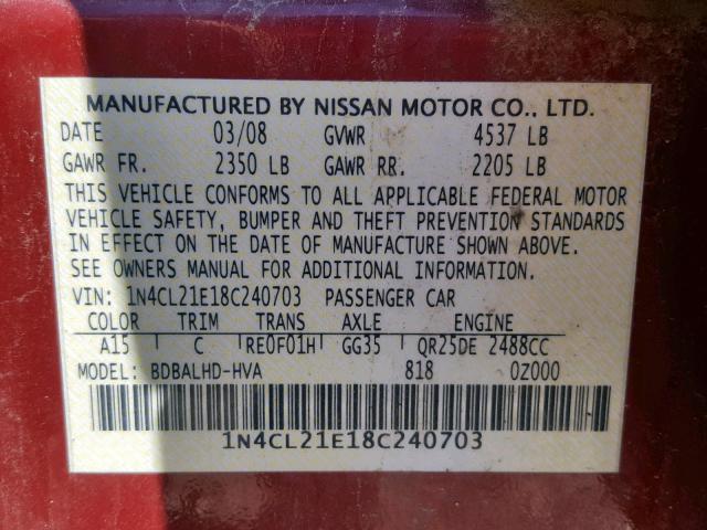 1N4CL21E18C240703 - 2008 NISSAN ALTIMA HYB RED photo 10