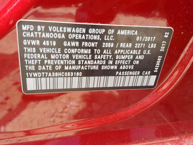 1VWDT7A38HC053160 - 2017 VOLKSWAGEN PASSAT R-L RED photo 10
