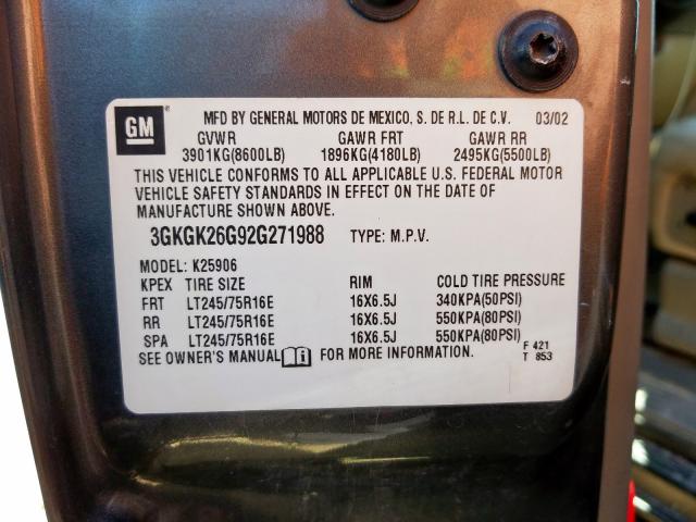 3GKGK26G92G271988 - 2002 GMC YUKON XL K2500  photo 10