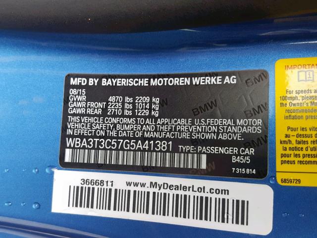 WBA3T3C57G5A41381 - 2016 BMW 435 I BLUE photo 10