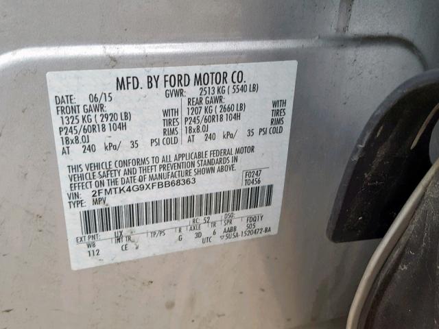 2FMTK4G9XFBB68363 - 2015 FORD EDGE SE SILVER photo 10