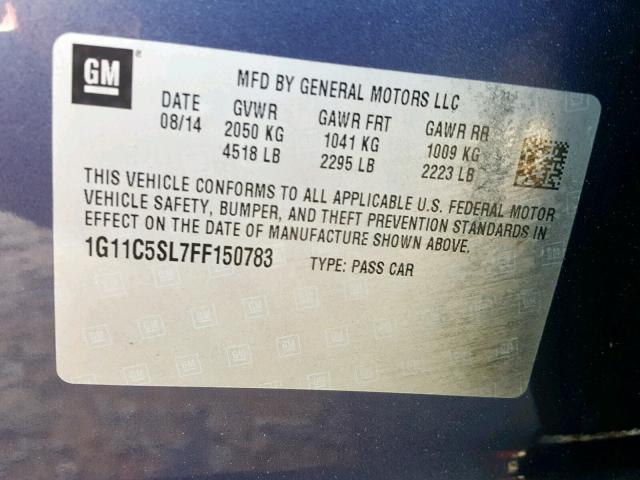 1G11C5SL7FF150783 - 2015 CHEVROLET MALIBU 1LT 蓝色 照片 10