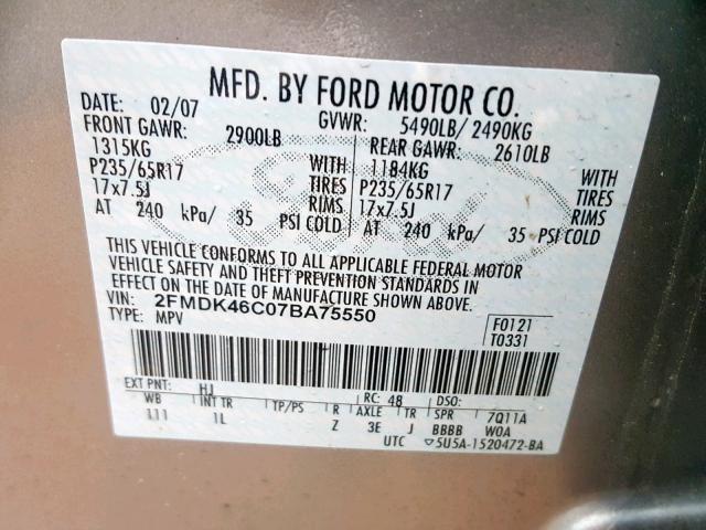 2FMDK46C07BA75550 - 2007 FORD EDGE SE SILVER photo 10