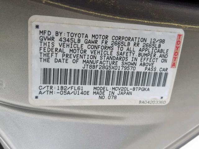 JT8BF28G5X0179570 - 1999 LEXUS ES 300 SILVER photo 10