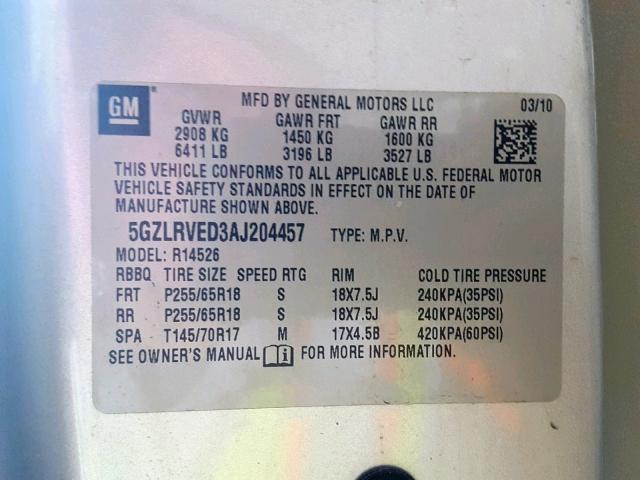 5GZLRVED3AJ204457 - 2010 SATURN OUTLOOK XR ვერცხლისფერი ფოტო 10