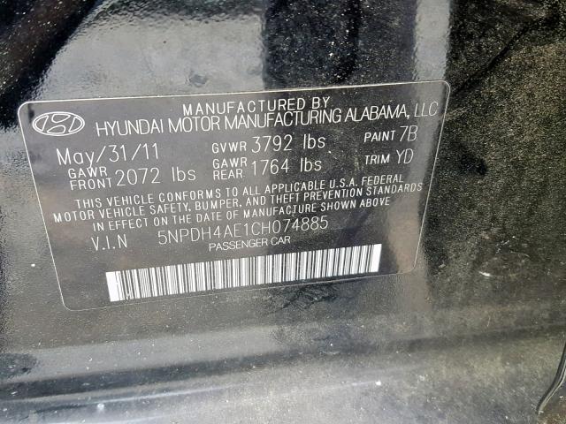 5NPDH4AE1CH074885 - 2012 HYUNDAI ELANTRA BLACK photo 10