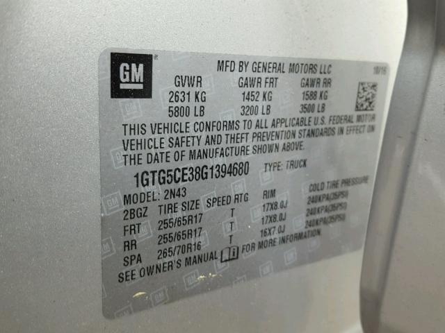 1GTG5CE38G1394680 - 2016 GMC CANYON SLE SILVER photo 10