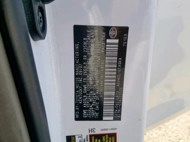 4T1BE46K18U749092 - 2008 TOYOTA CAMRY CE WHITE photo 10