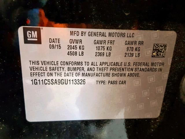 1G11C5SA9GU113326 - 2016 CHEVROLET MALIBU LIM BLACK photo 10