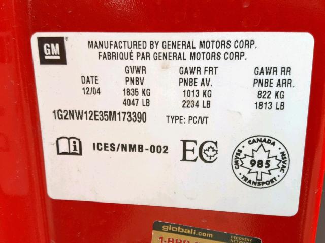 1G2NW12E35M173390 - 2005 PONTIAC GRAND AM G RED photo 10