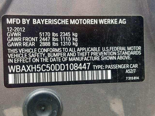 WBAXH5C50DD108447 - 2013 BMW 528 XI GRAY photo 10