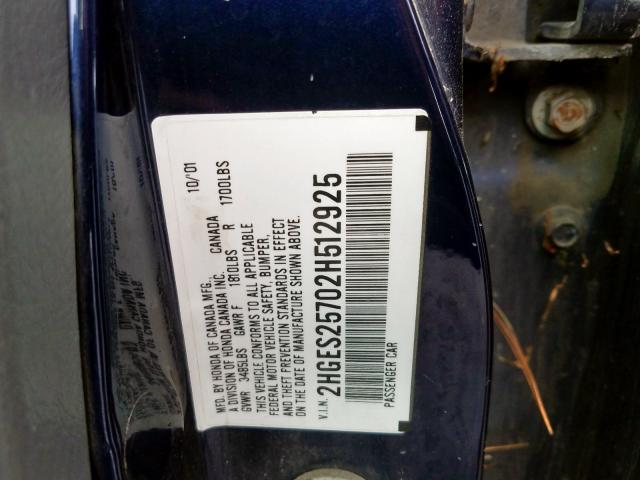 2HGES25702H512925 - 2002 HONDA CIVIC EX  photo 10