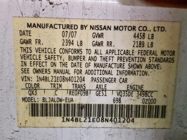 1N4BL21E08N401204 - 2008 NISSAN ALTIMA 3.5 WHITE photo 10