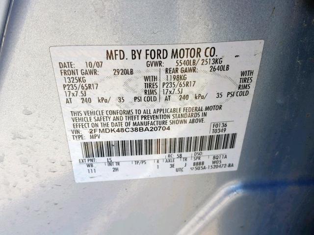 2FMDK48C38BA20704 - 2008 FORD EDGE SEL BLUE photo 10