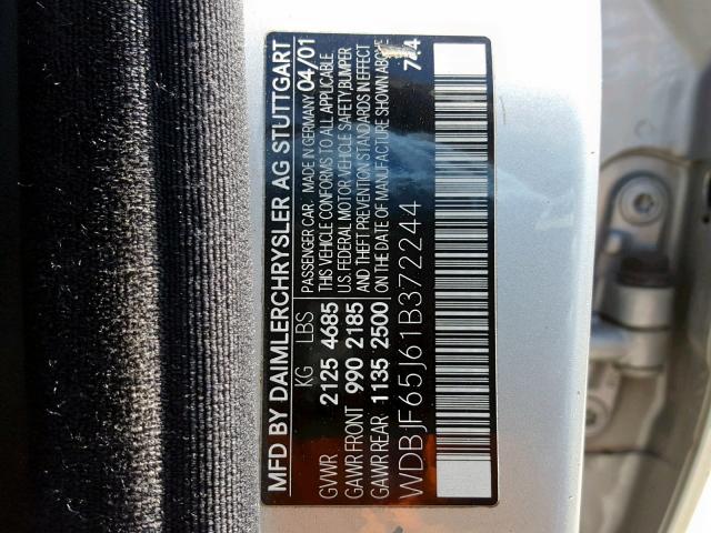 WDBJF65J61B372244 - 2001 MERCEDES-BENZ E 320 SILVER photo 10