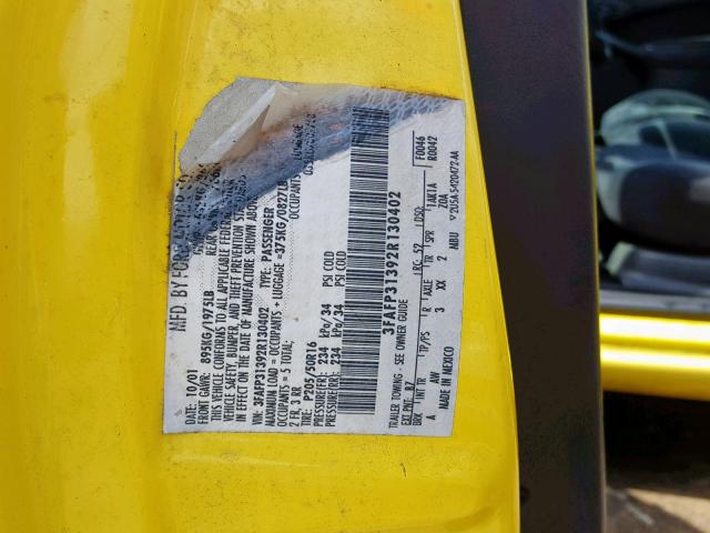 3FAFP31392R130402 - 2002 FORD FOCUS ZX3 YELLOW photo 10