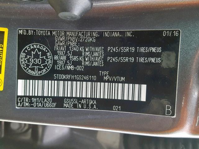 5TDDKRFH1GS246110 - 2016 TOYOTA HIGHLANDER GRAY photo 10