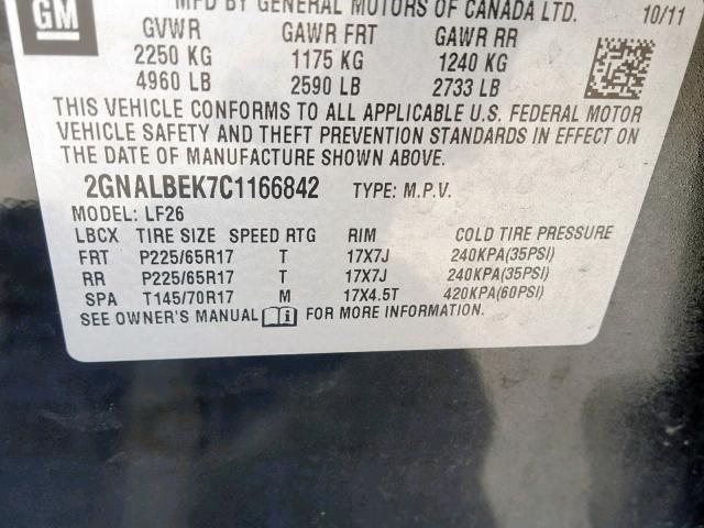 2GNALBEK7C1166842 - 2012 CHEVROLET EQUINOX LS BLACK photo 10