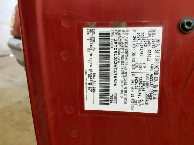 1FTCR10A2VTA70526 - 1997 FORD RANGER RED photo 10